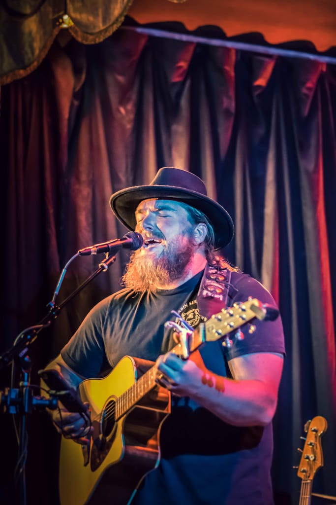 Bearded musician performing live with guitar and microphone on stage.
